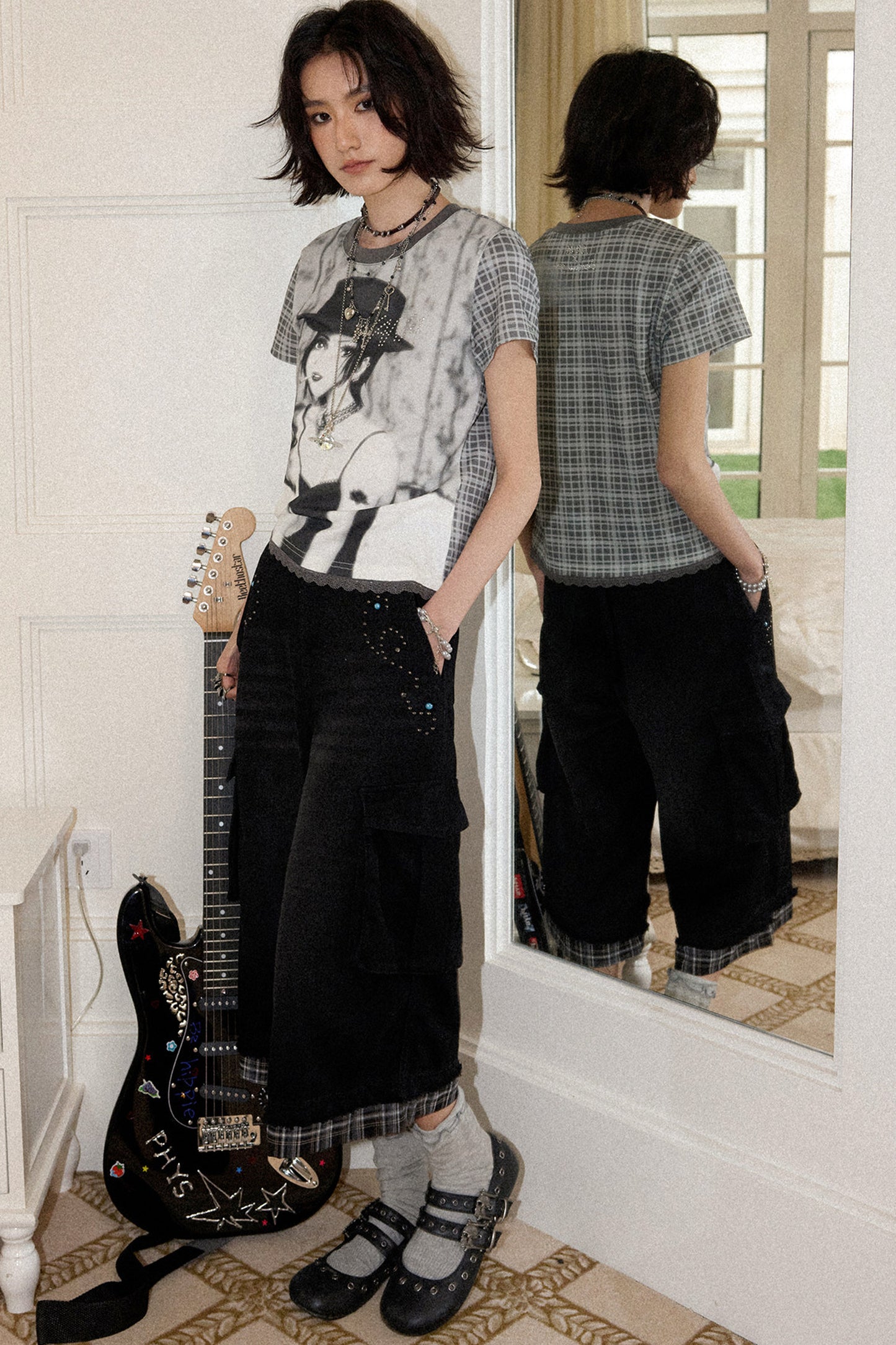 Patchwork Plaid Rhinestone Jeans