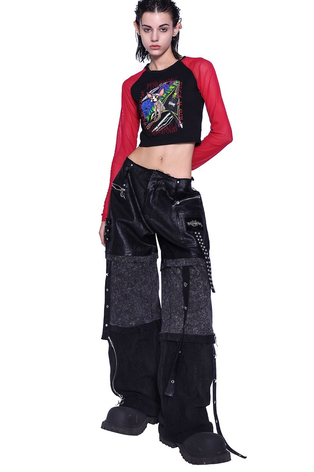 Stacked Patchwork Studded Belt Jeans