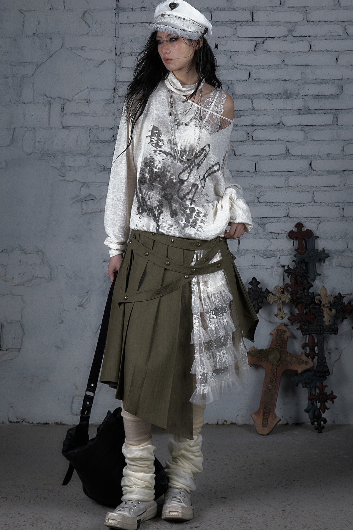 Ripped Off-Shoulder Punk Print Knit Top