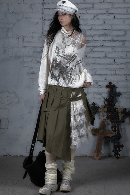 Ripped Off-Shoulder Punk Print Knit Top