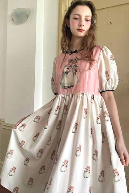 Vintage-Kurzarmkleid mit Puppen-Print
