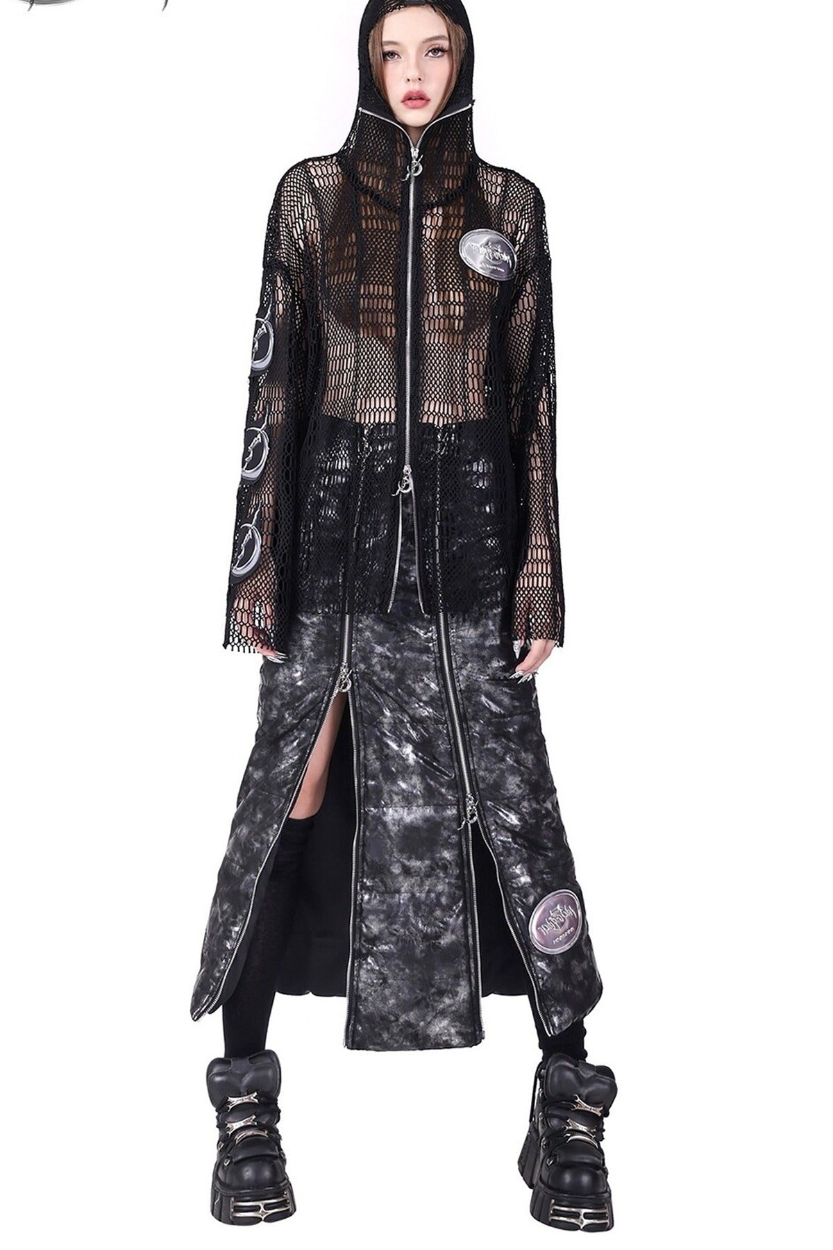 Rivet Hooded Mesh Patch Embroidery Jacket