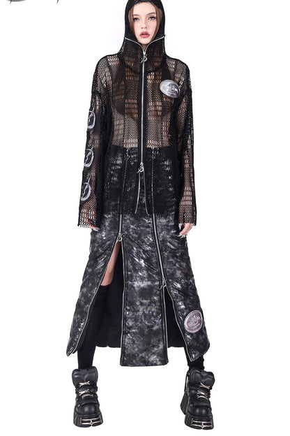 Rivet Hooded Mesh Patch Embroidery Jacket