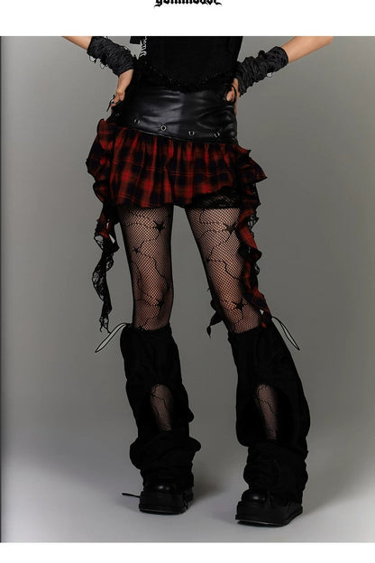 Irregular Hem Ruffle Patchwork Plaid Skirt