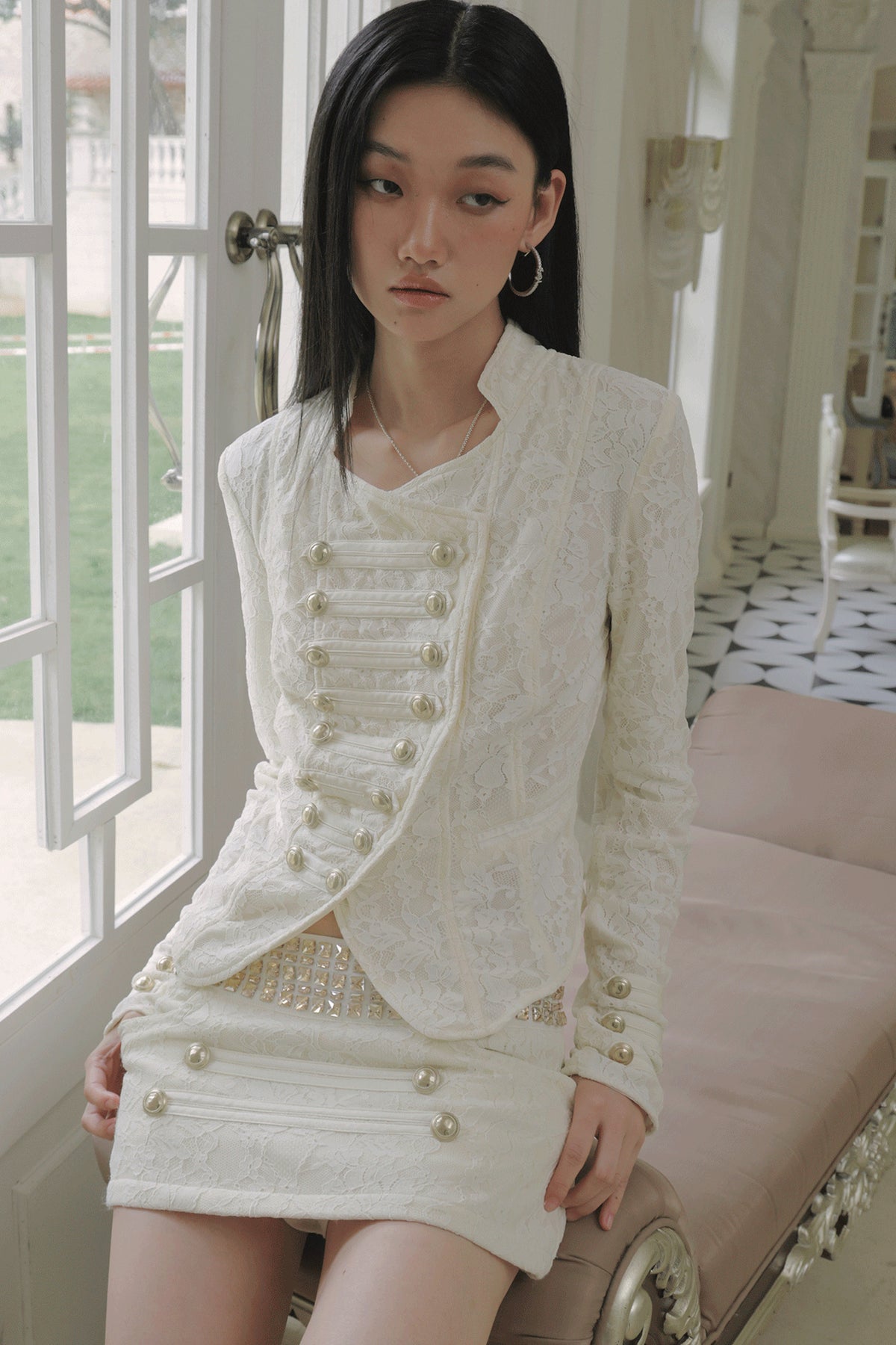 Double-Breasted Asymmetrical Lace Jacket and Skirt Set-Up