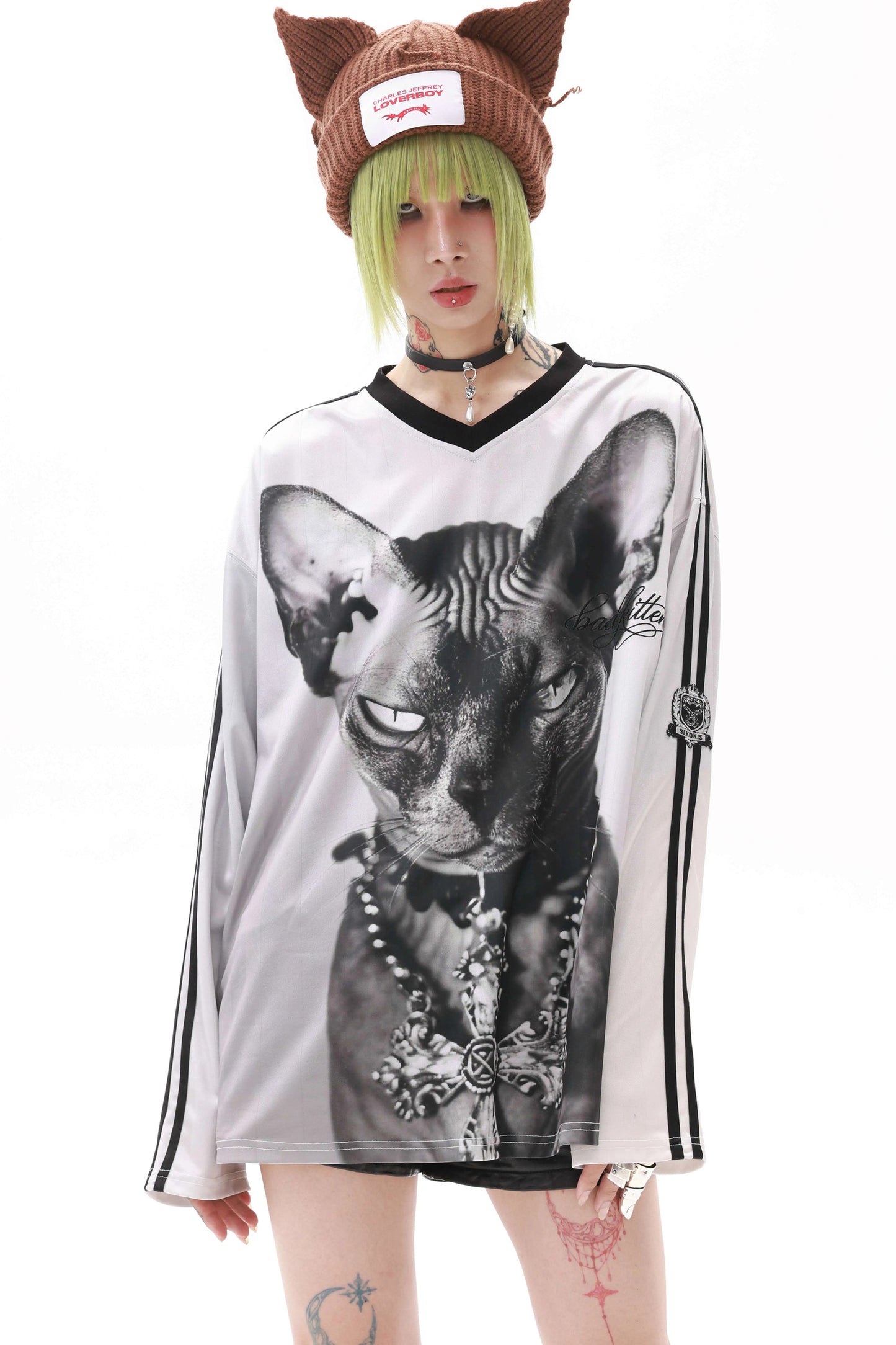 Haut à manches longues col V en jersey Sphynx Cat