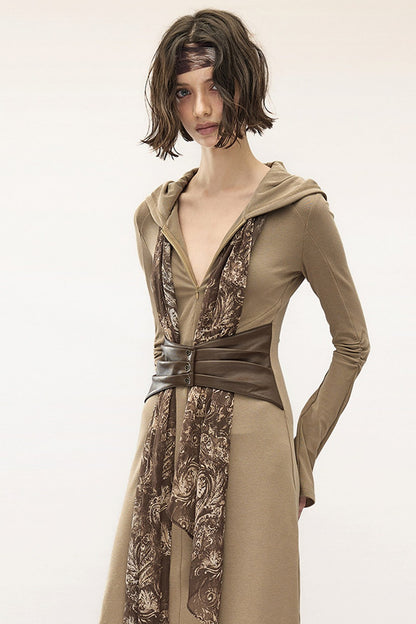 Layered Leather Scarf Hooded Dress