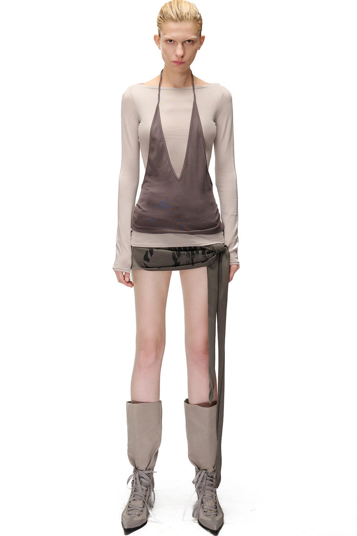 Lyocell Halter Neck Layered-Look T-Shirt