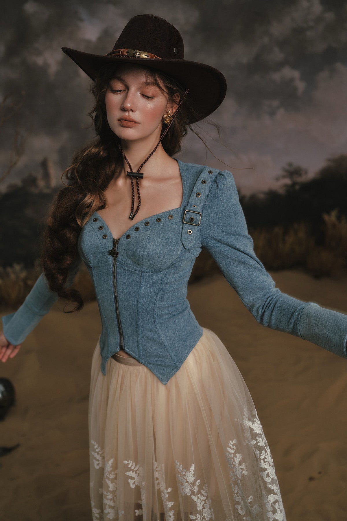Denim-Fischgrät-Top-Set