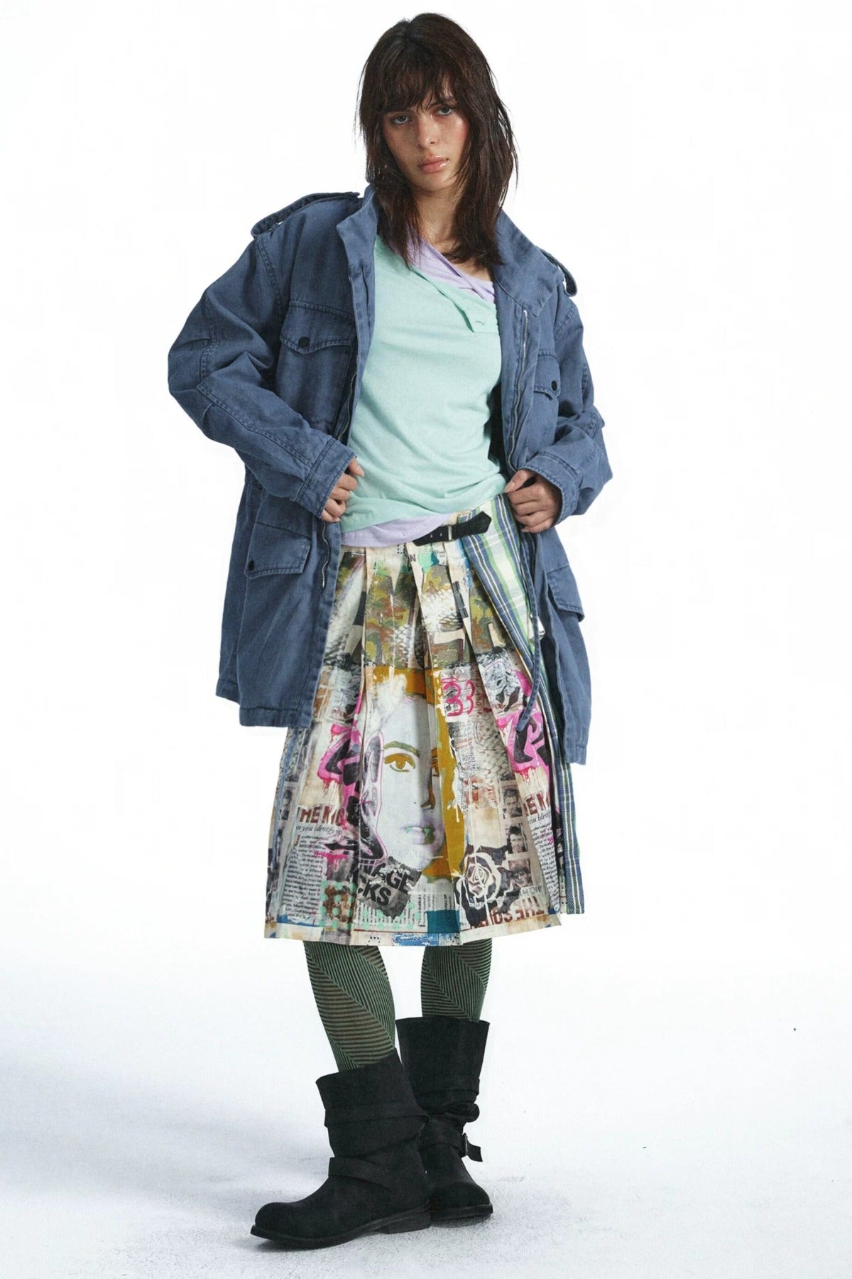 Graffiti Plaid A-Line Pleated Skirt