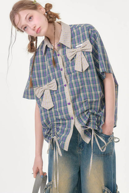 Purple Green Plaid Bow Drawstring Shirt