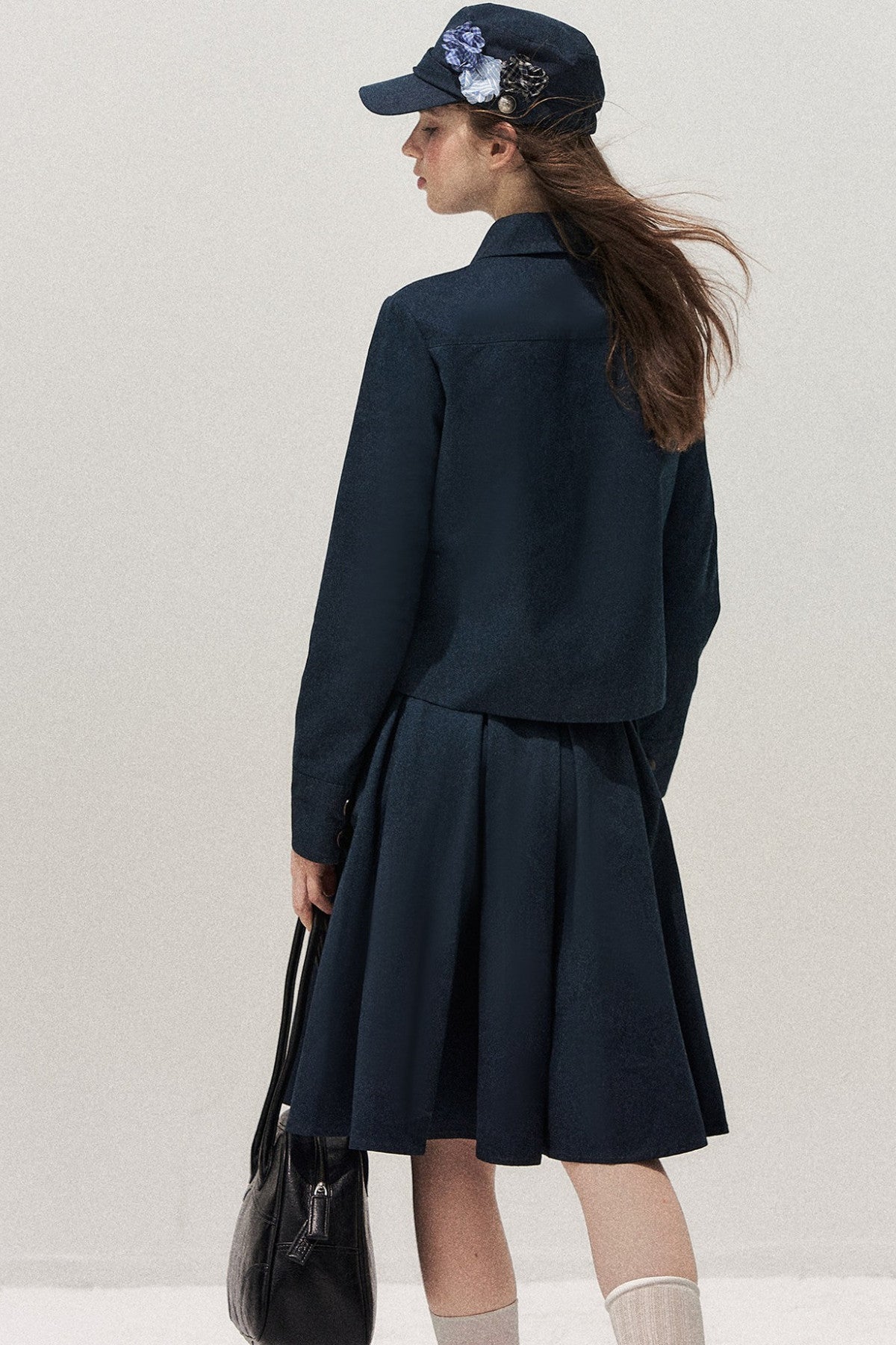 Navy Denim Jacket and Pleated Skirt Set-Up