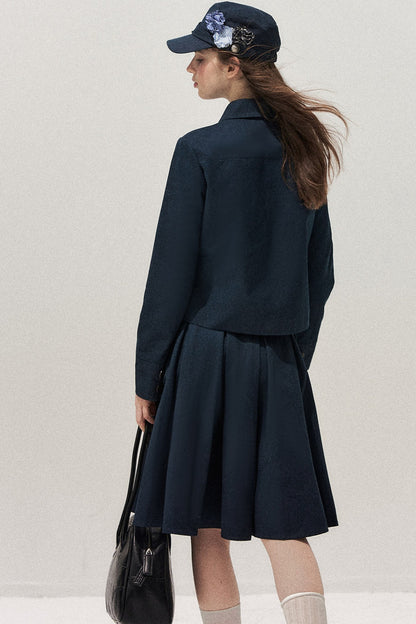 Navy Denim Jacket and Pleated Skirt Set-Up