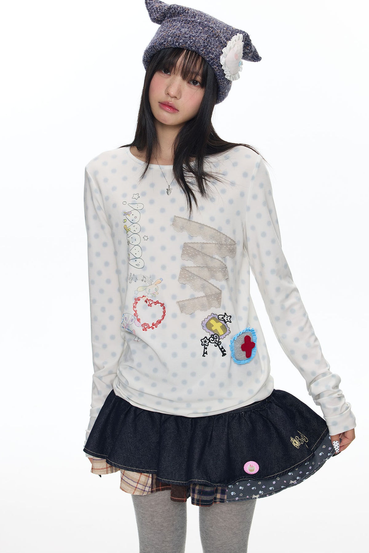Polka Dot Lace Patchwork Long Sleeve T-Shirt