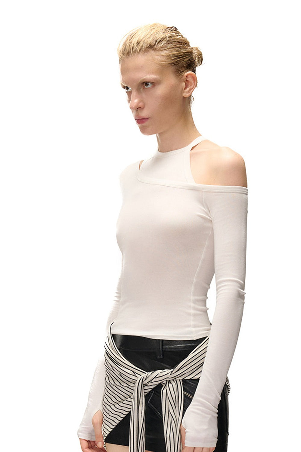 Asymmetrical Halter Off-Shoulder Long-Sleeve Top