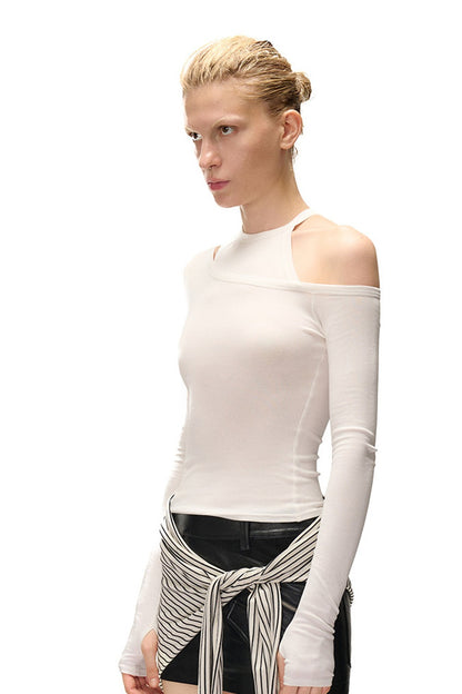 Asymmetrical Halter Off-Shoulder Long-Sleeve Top