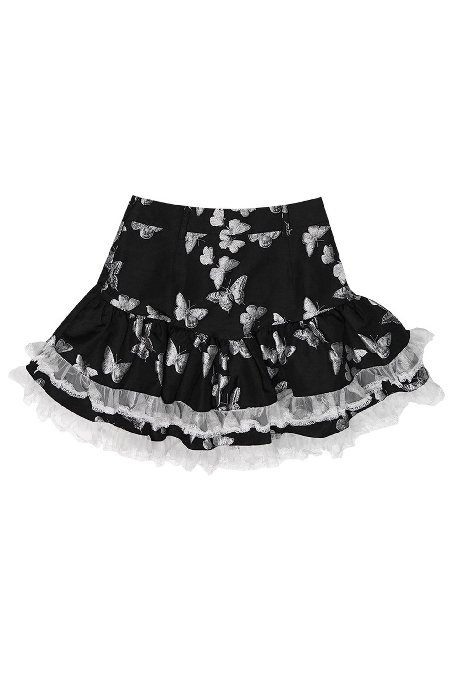 Puffiger Rock mit Schmetterlings-Jacquard und Spitzenbesatz