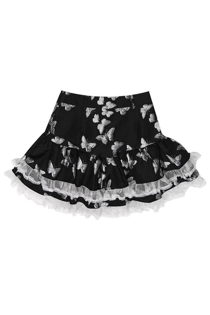 Puffiger Rock mit Schmetterlings-Jacquard und Spitzenbesatz