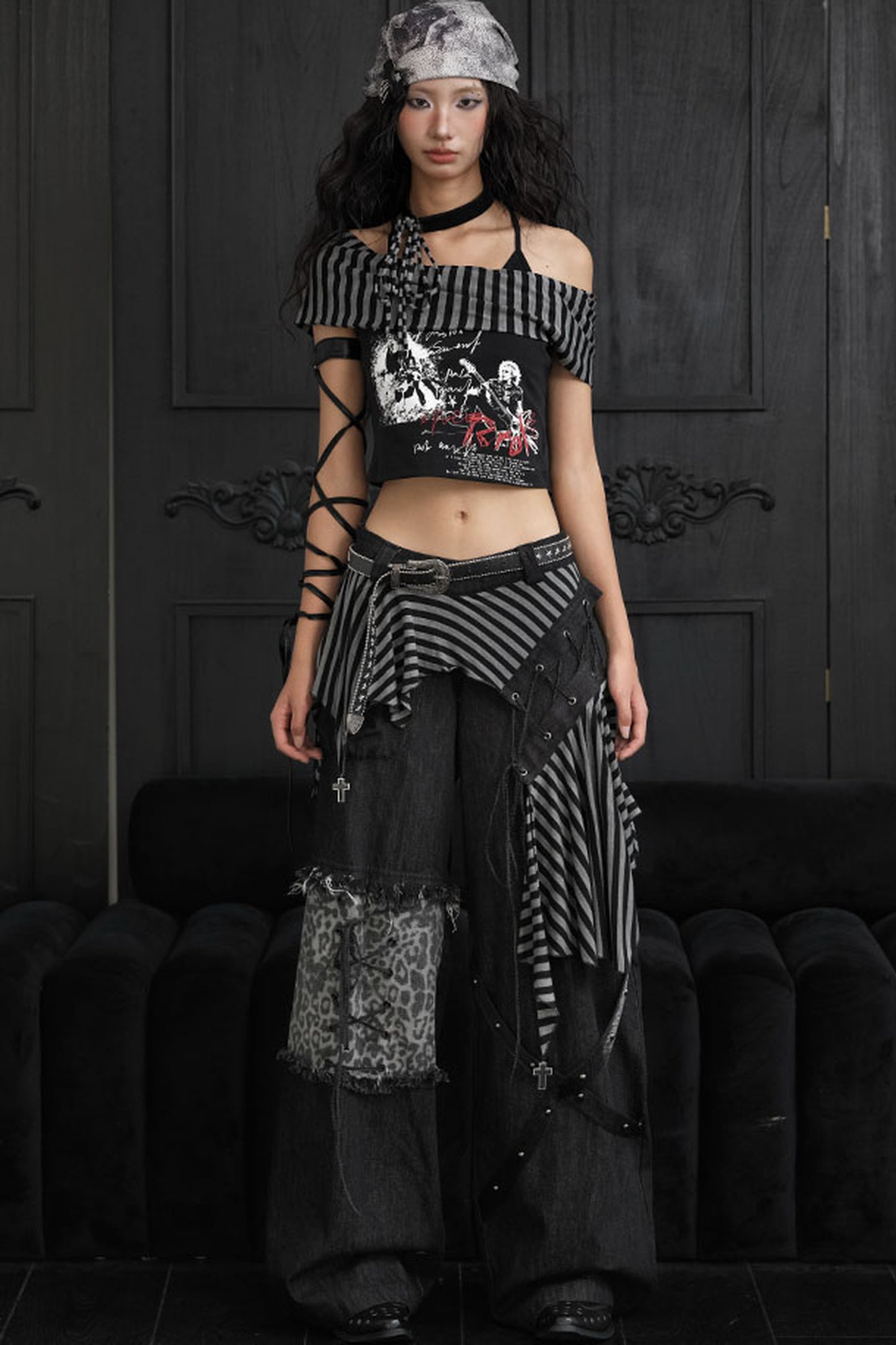 Striped Leopard Patchwork Tie-Up Wide-Leg Jeans