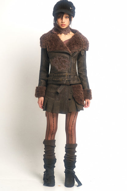 Vintage Millennium Embroidery Windproof Warm Fur Jacket