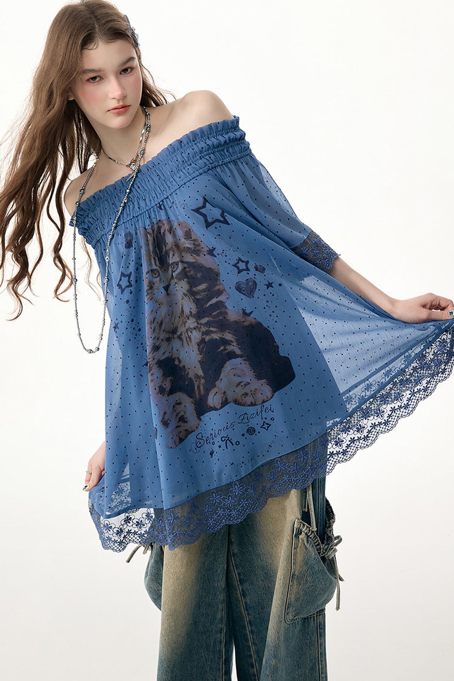Cat Print Lace Trim Off-Shoulder Top