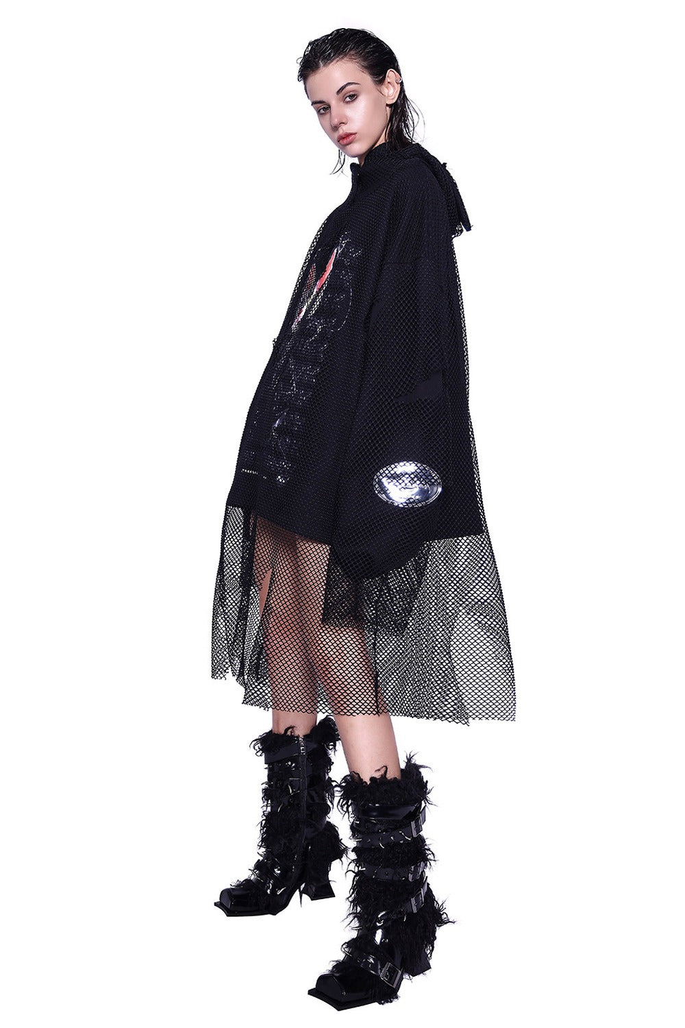 Cat Ear Layered Mesh Hooded Sweatshirt