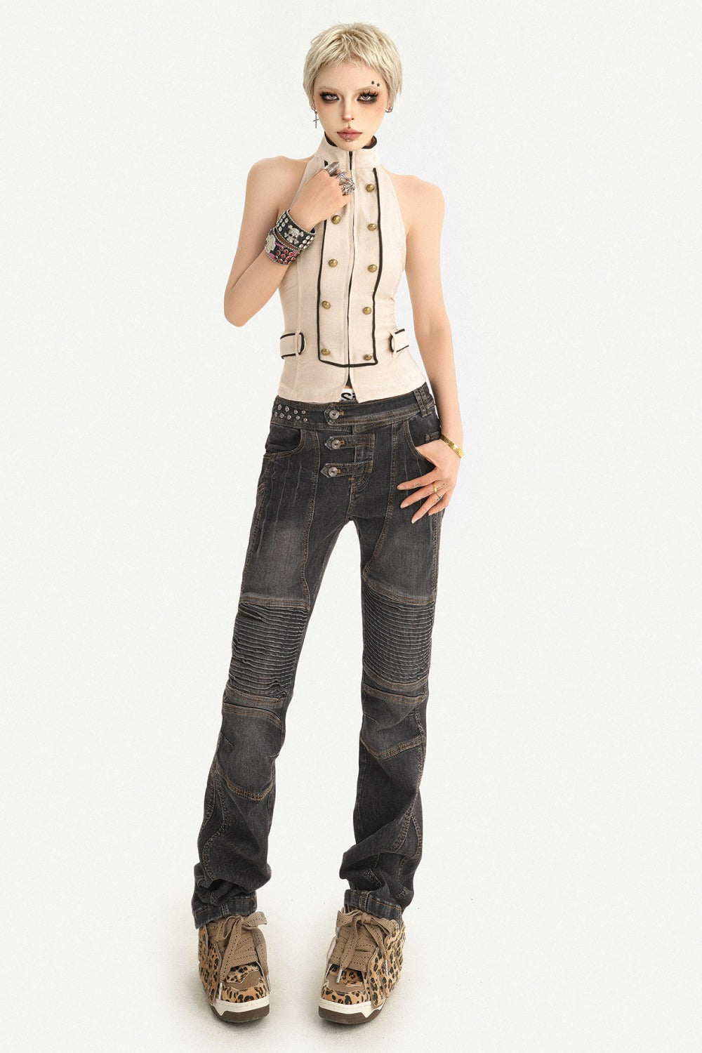 Sleeveless Backless Double-Breasted Halter Vest