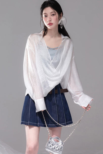 Night Blue Pleated Denim Skirt