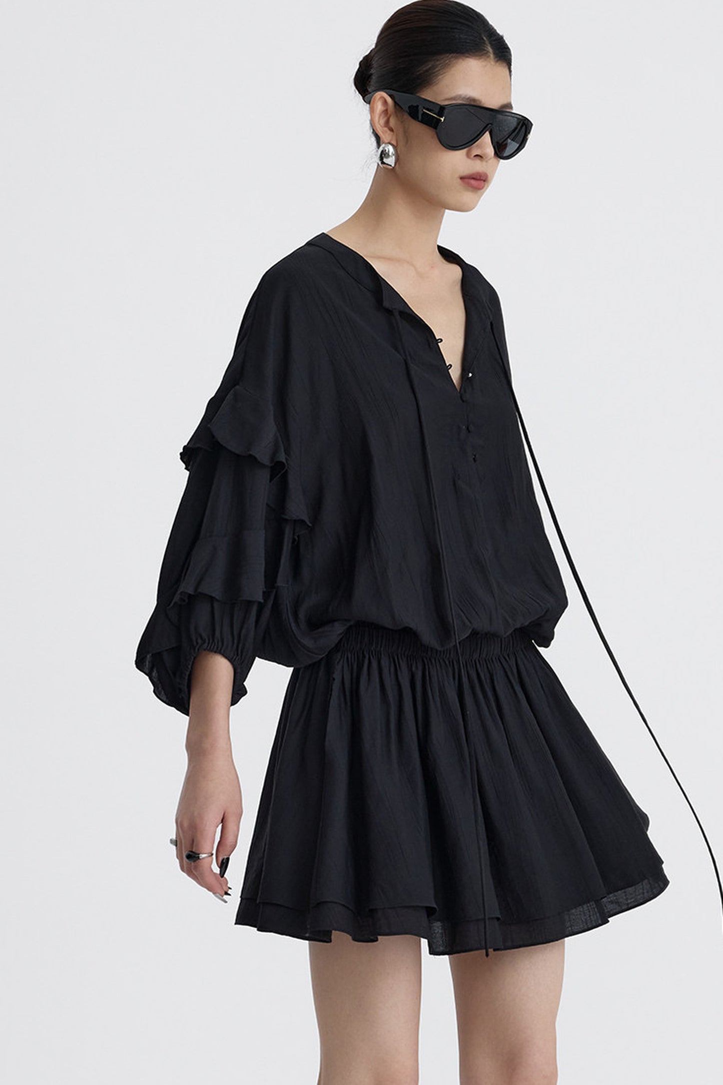 Black V-Neck Ruffle Lantern Sleeve Dress