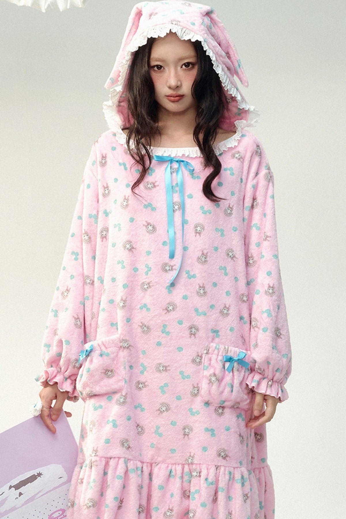 Pink Floral Flannel Ruffled Hooded Robe