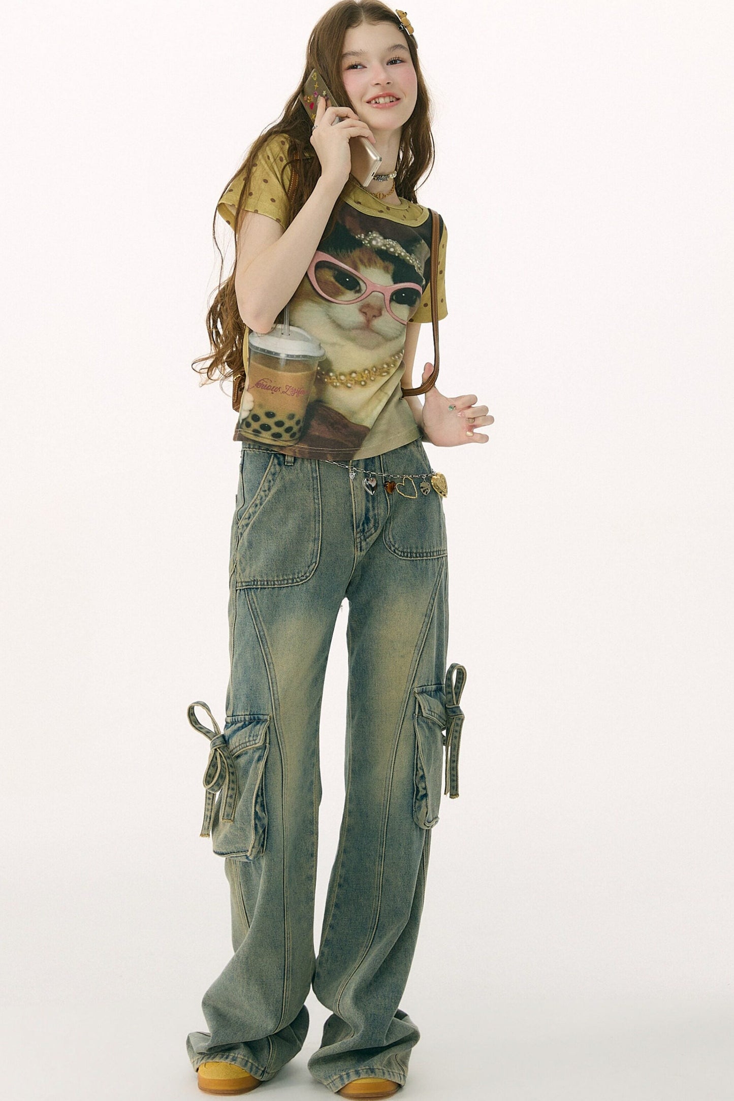 Retro Distressed Cat Print Yellow T-Shirt