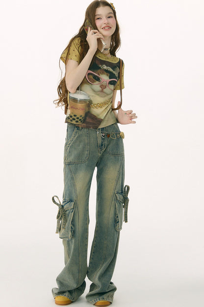 Retro Distressed Cat Print Yellow T-Shirt