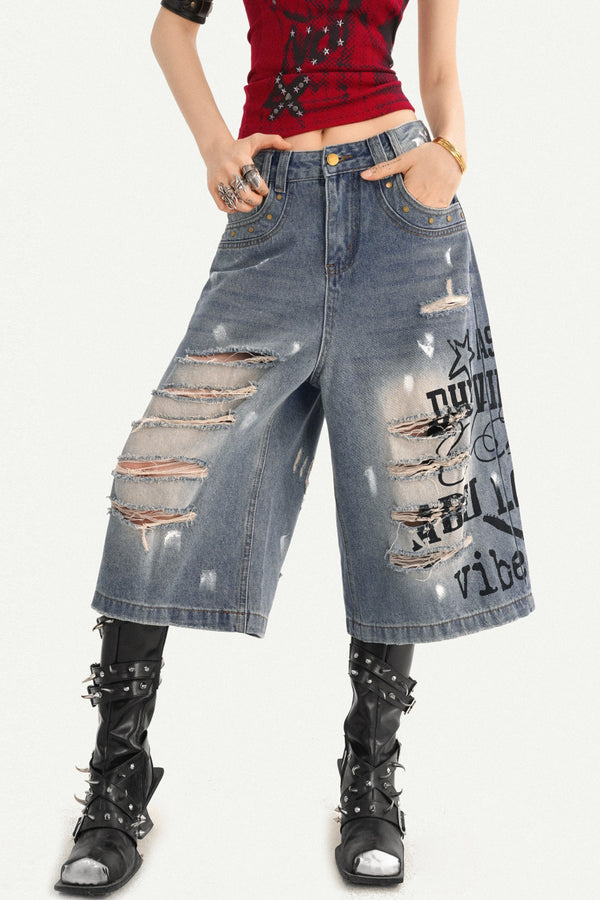Distressed Letter Print Wide Leg Denim Pants