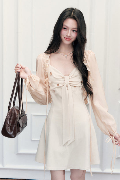 V-Neck Dress Ruffled Cardigan Set-Up