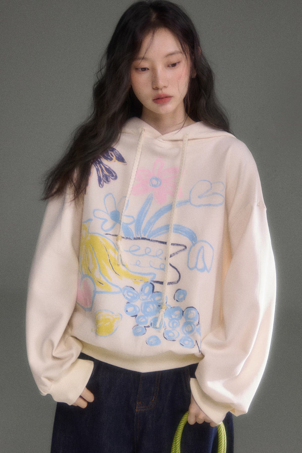 Ear Detail Bird Fruit Print Sweatshirt and Skirt Set-Up
