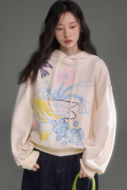 Ear Detail Bird Fruit Print Sweatshirt and Skirt Set-Up