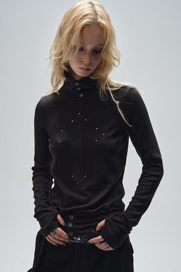 Frayed Edge Rhinestone High Neck Thumbhole T-shirt