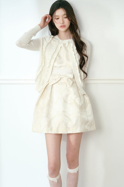 White Lace Trim Short Knit Vest Cardigan