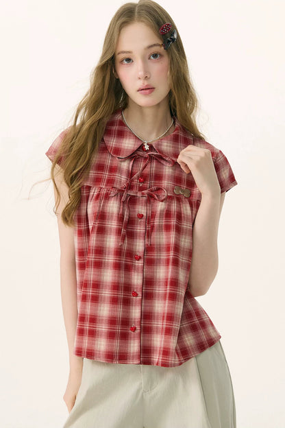 Red Plaid Doll Collar Blouse