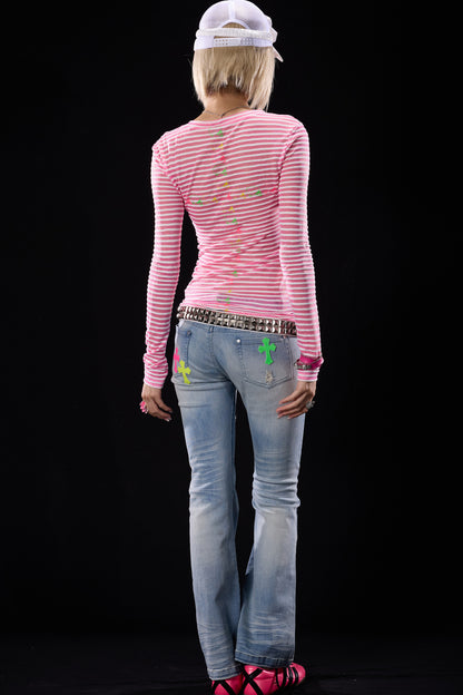 Skull Print Striped Long-Sleeve T-Shirt