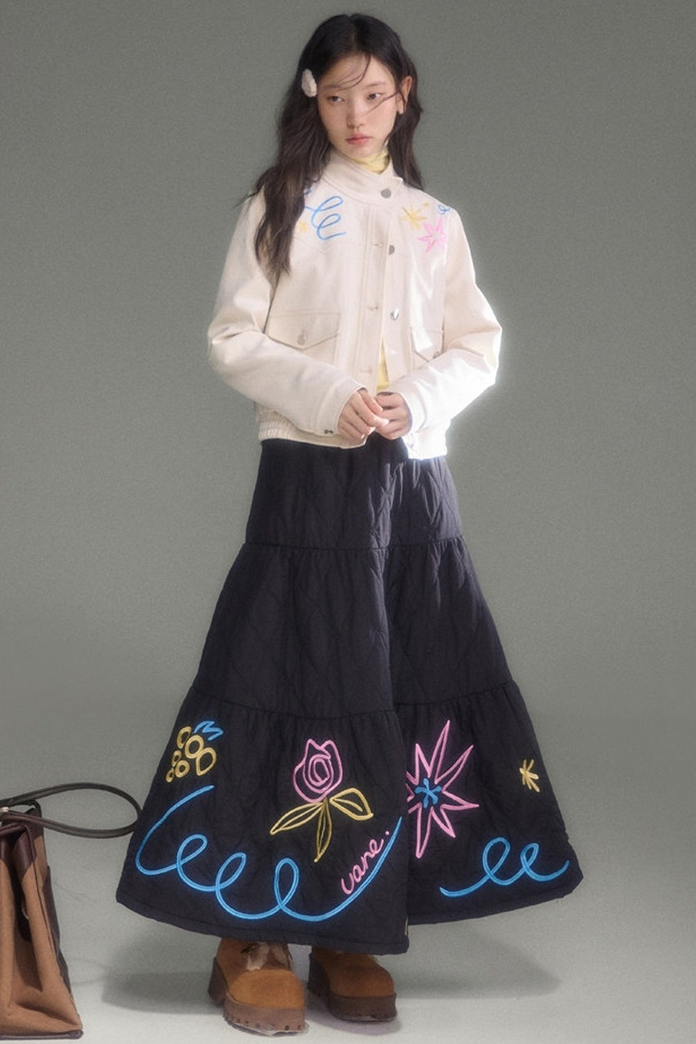 Floral Embroidered Quilted A-Line Tiered Skirt