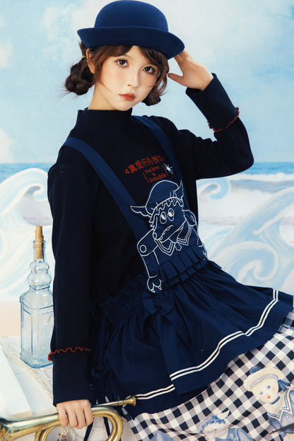Layered-Look Wolf Embroidery Plaid Apron Dress
