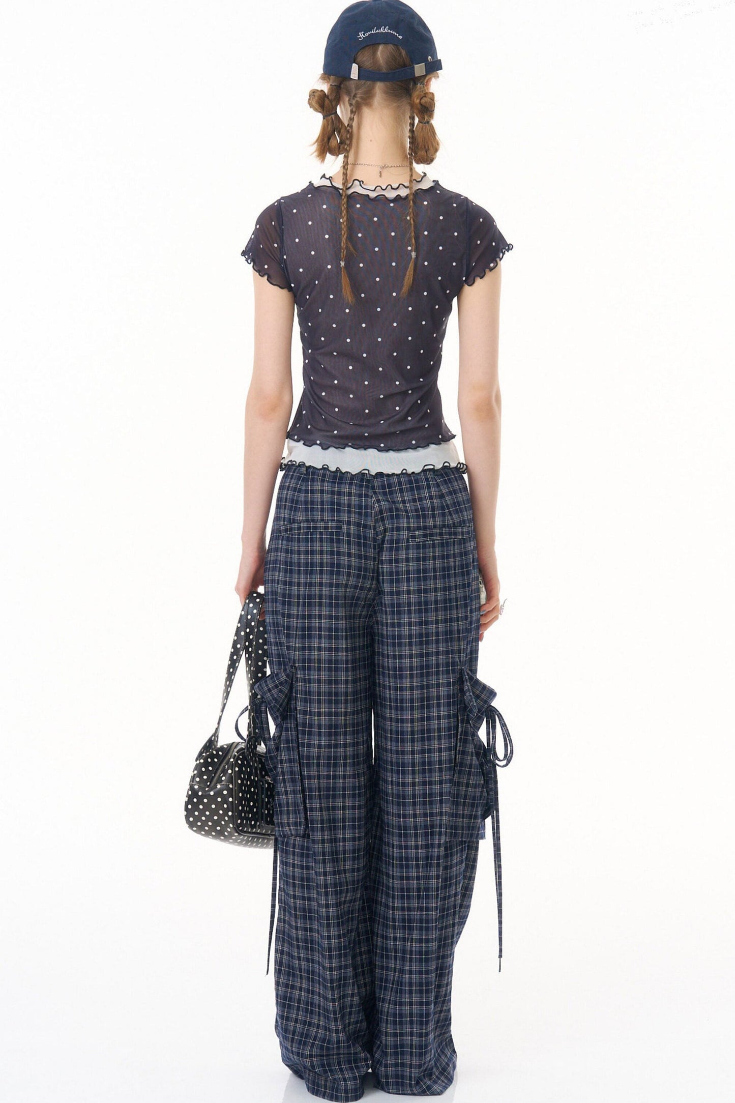 Dark Blue Plaid Wide-Leg Pants