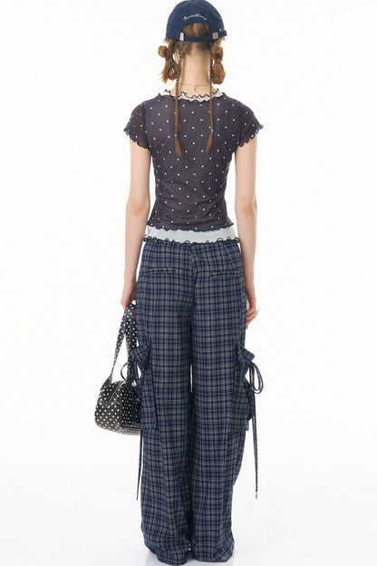 Dark Blue Plaid Wide-Leg Pants