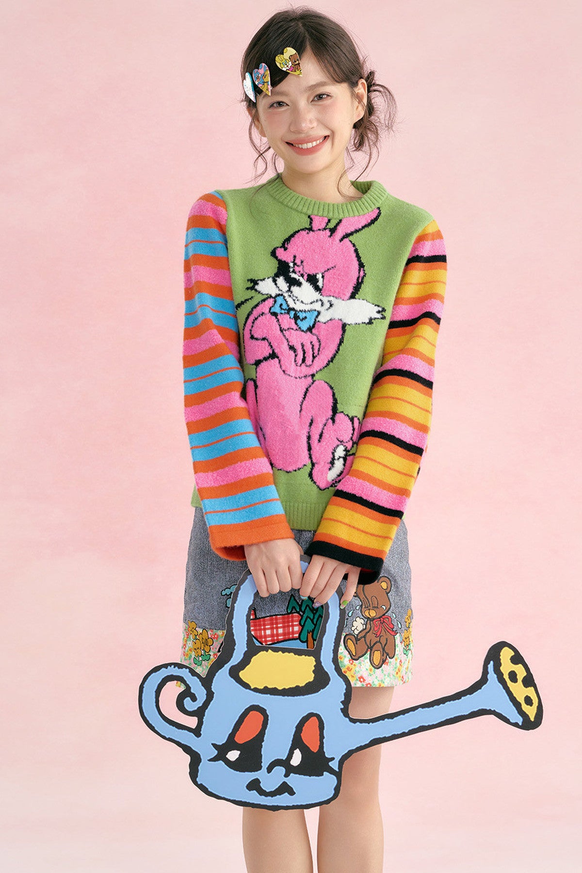 Colorful Asymmetrical Striped Heart Knit Sweater