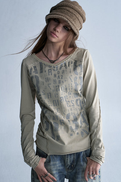 Asymmetrical Frayed All-Over Print Long-Sleeve T-Shirt