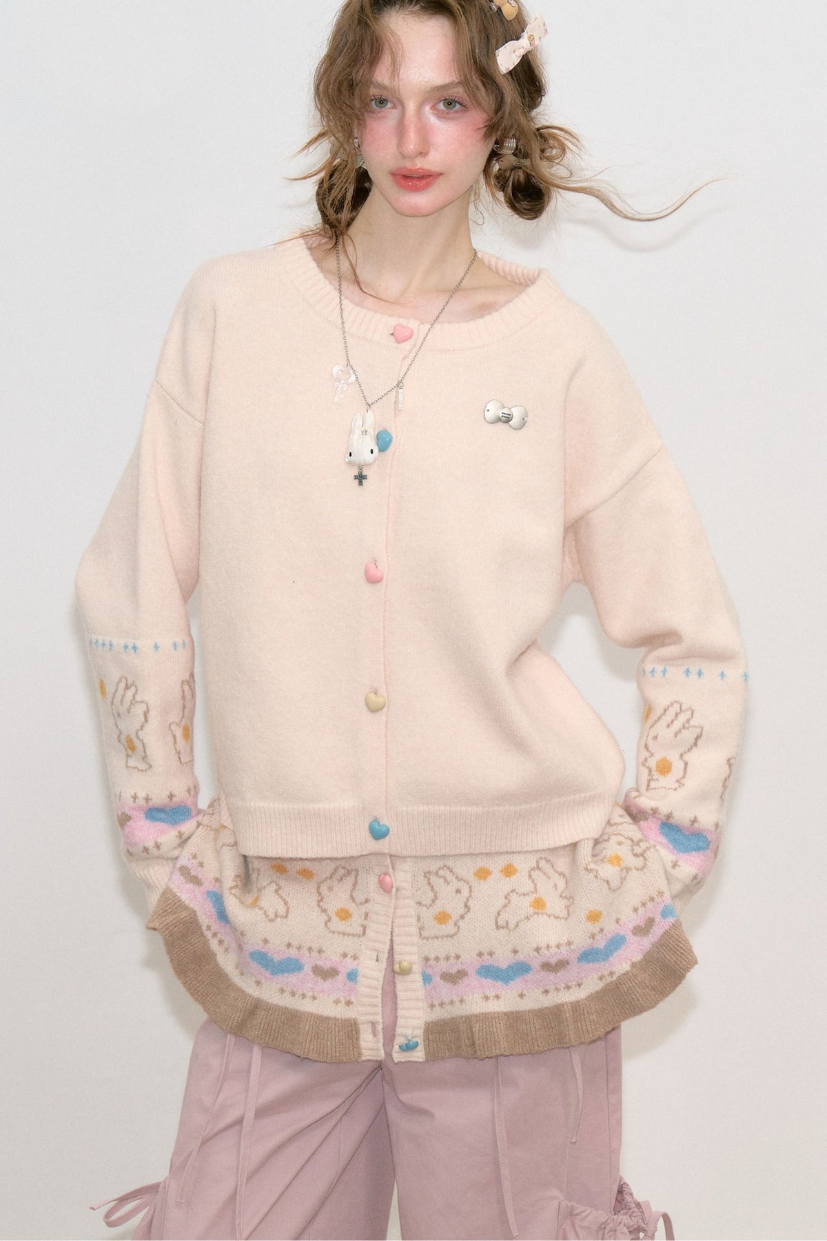 Ensemble cardigan en maille et châle abricot