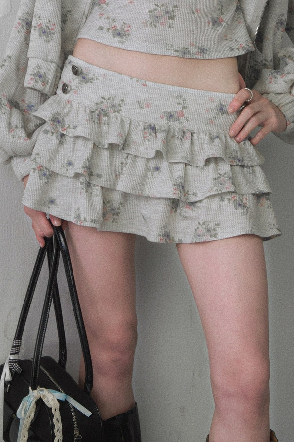 Floral Hooded Sweatshirt Camisole Ruffled Tiered Skirt Set-Up
