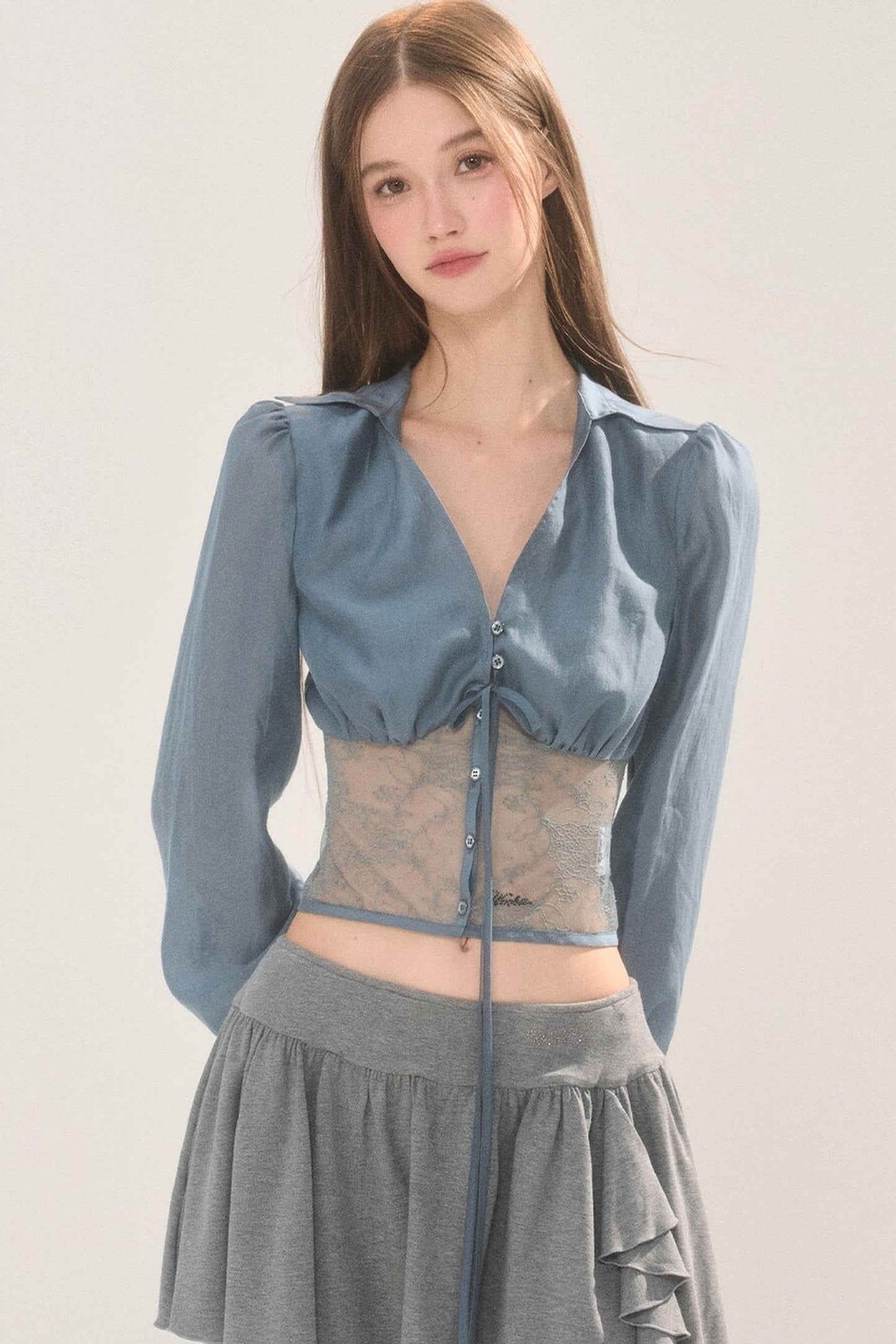 Short Lace Panel V-Neck Shirt