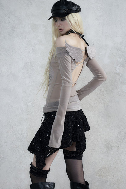 One-Shoulder Backless Velvet Knit Top